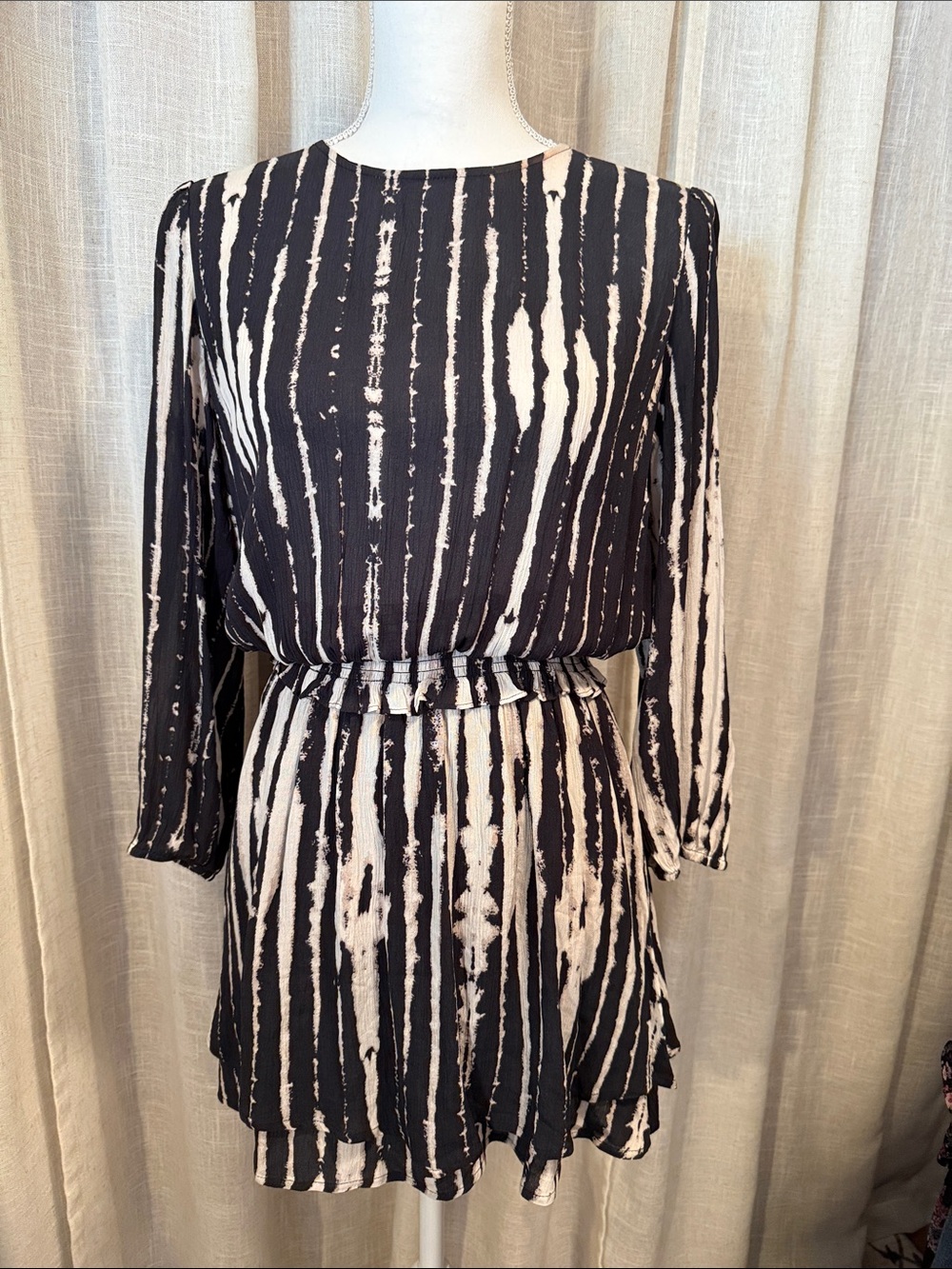 Rails Black and Cream Inez Striped Long-Sleeve Mini Dress - Size S